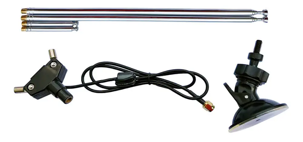 The RTL-SDR dipole kit showing both VHF and UHF attachments, as well as mounting hardware.